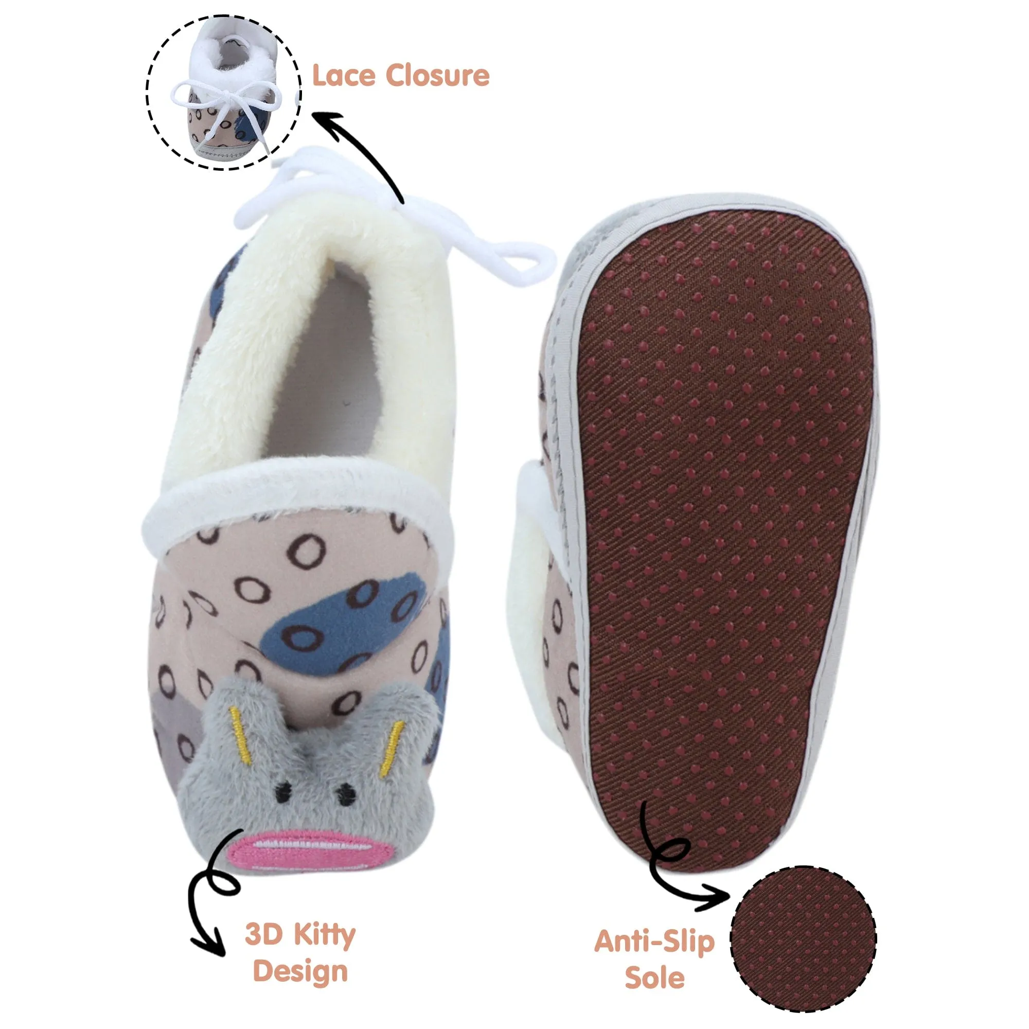 Baby Moo 3D Scout Kitty Soft Slip-On Anti-Skid Plush Warm Booties - Beige