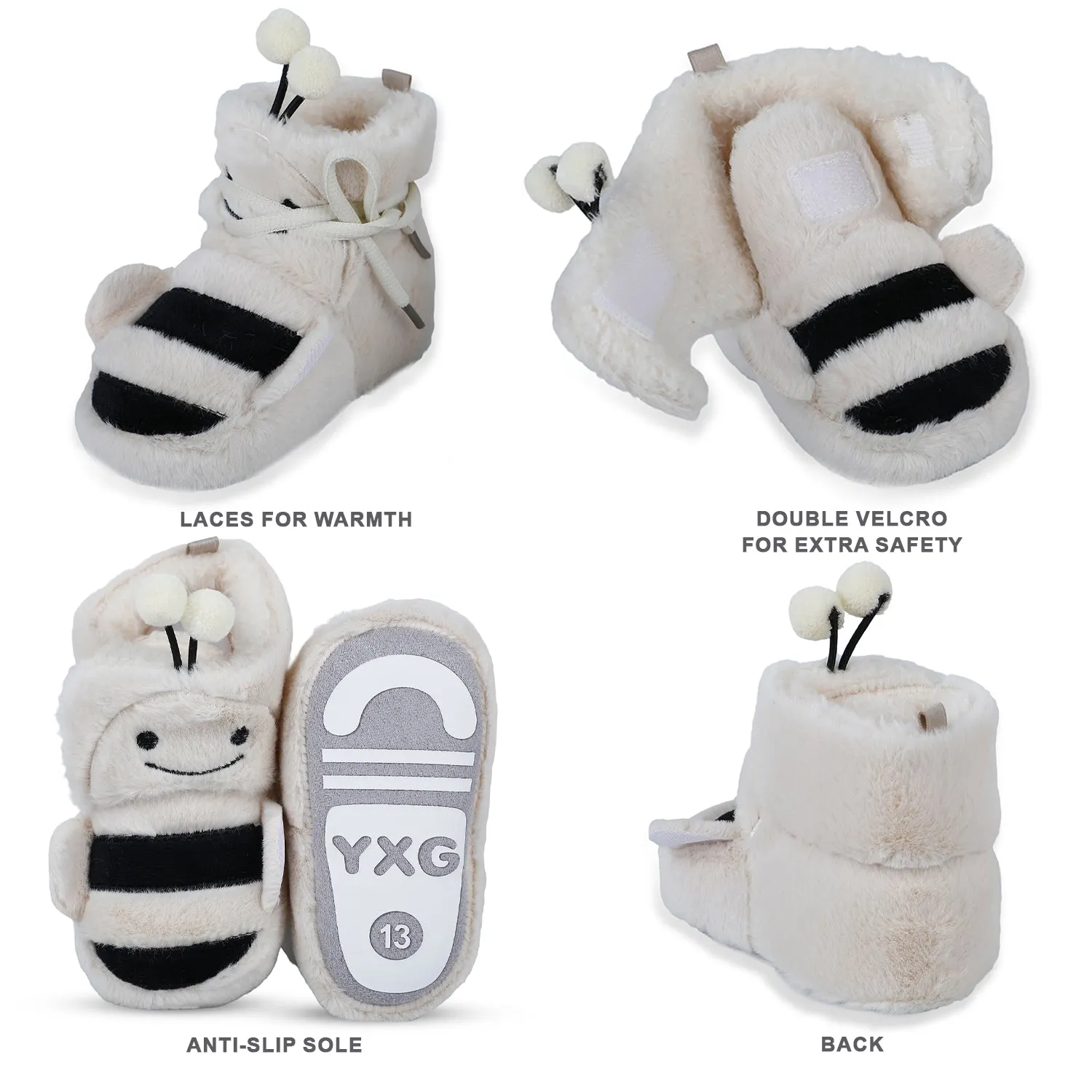 Baby Moo Bumble Bee 3D Warm Furry Booties - Cream