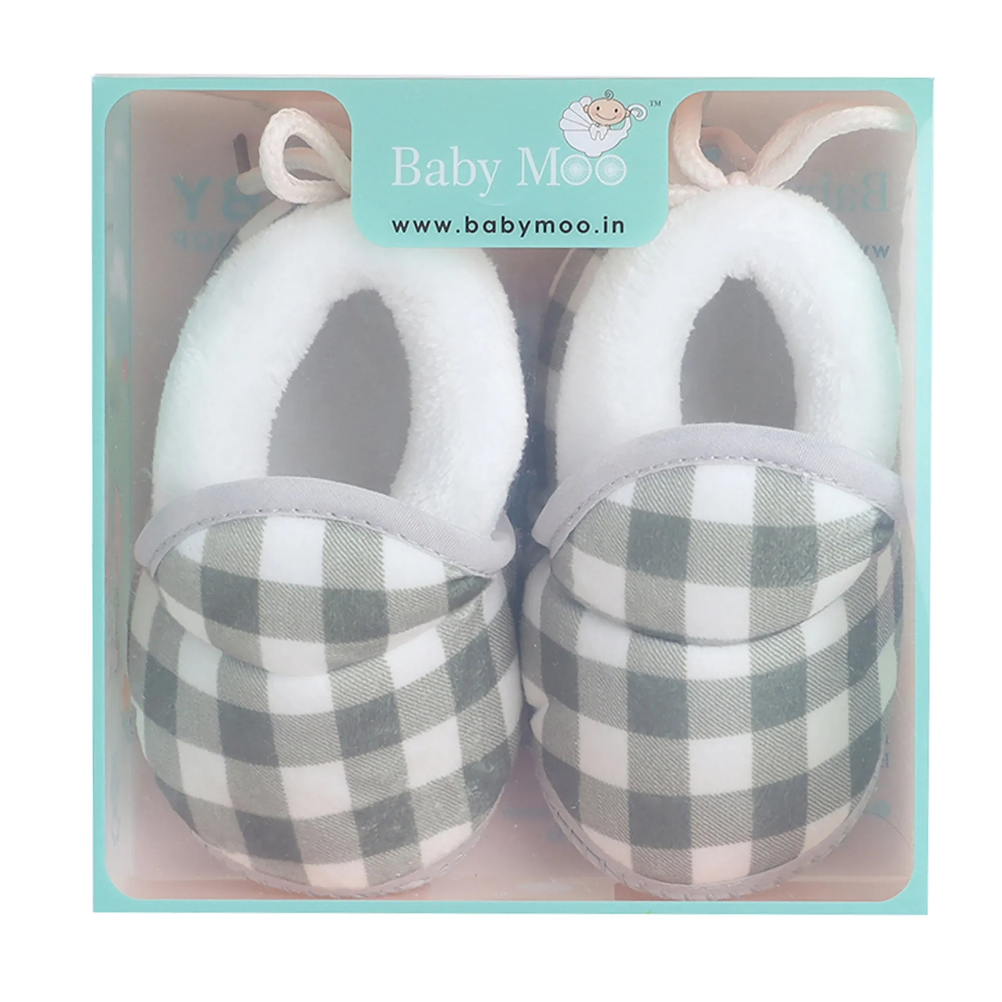 Baby Moo Checked Soft Slip-On Anti-Skid Plush Warm Booties - Green