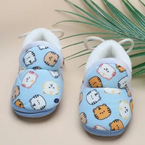 Baby Moo Kitty Face Printed Soft Slip-On Anti-Skid Plush Warm Booties - Blue