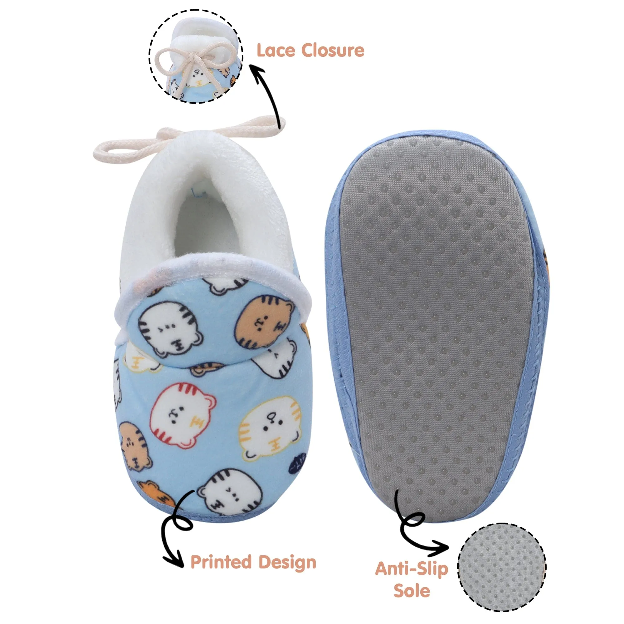 Baby Moo Kitty Face Printed Soft Slip-On Anti-Skid Plush Warm Booties - Blue