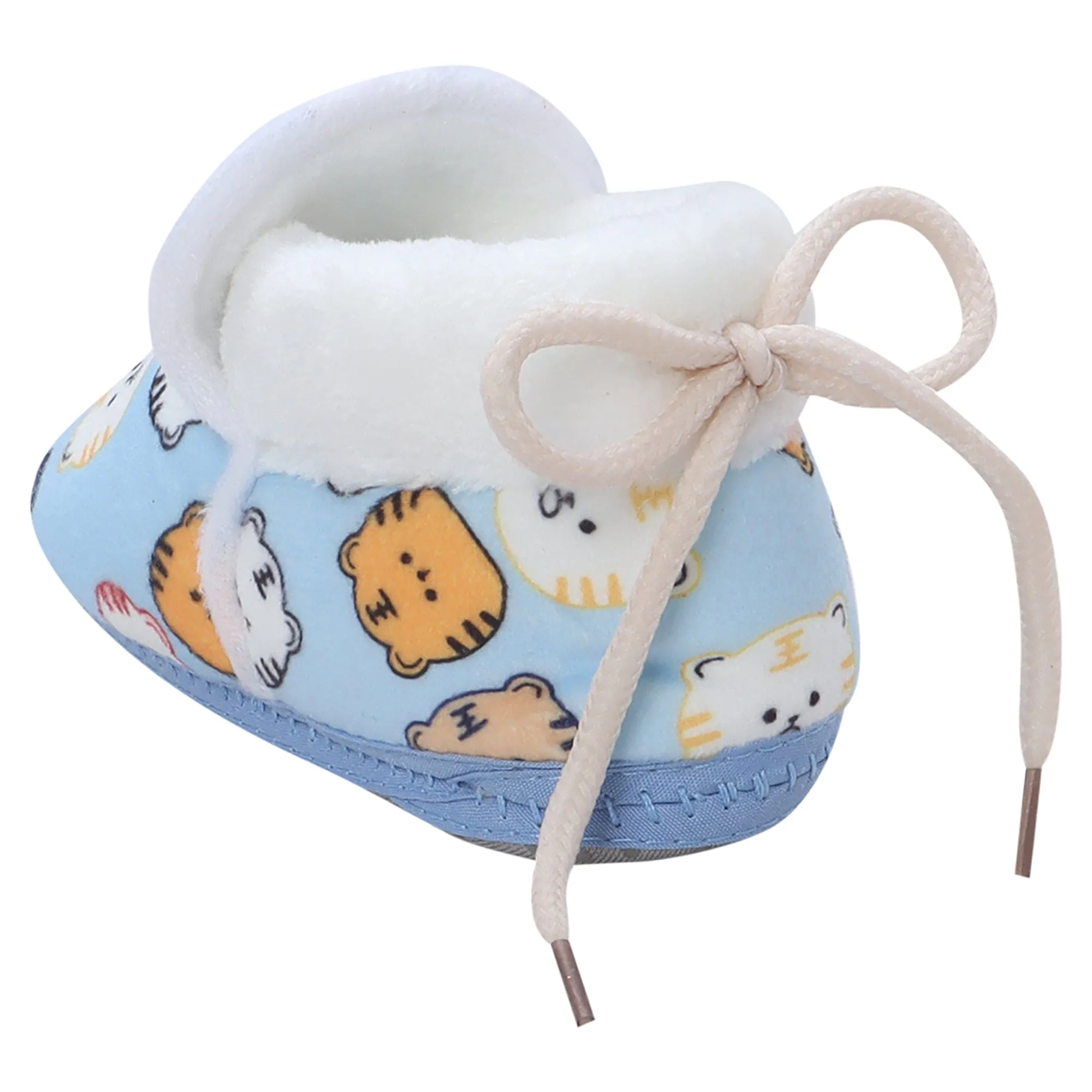 Baby Moo Kitty Face Printed Soft Slip-On Anti-Skid Plush Warm Booties - Blue