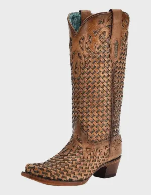 Corral Cowboy Boots A4506 Women's Brown Leather Woven Sand with Glitter