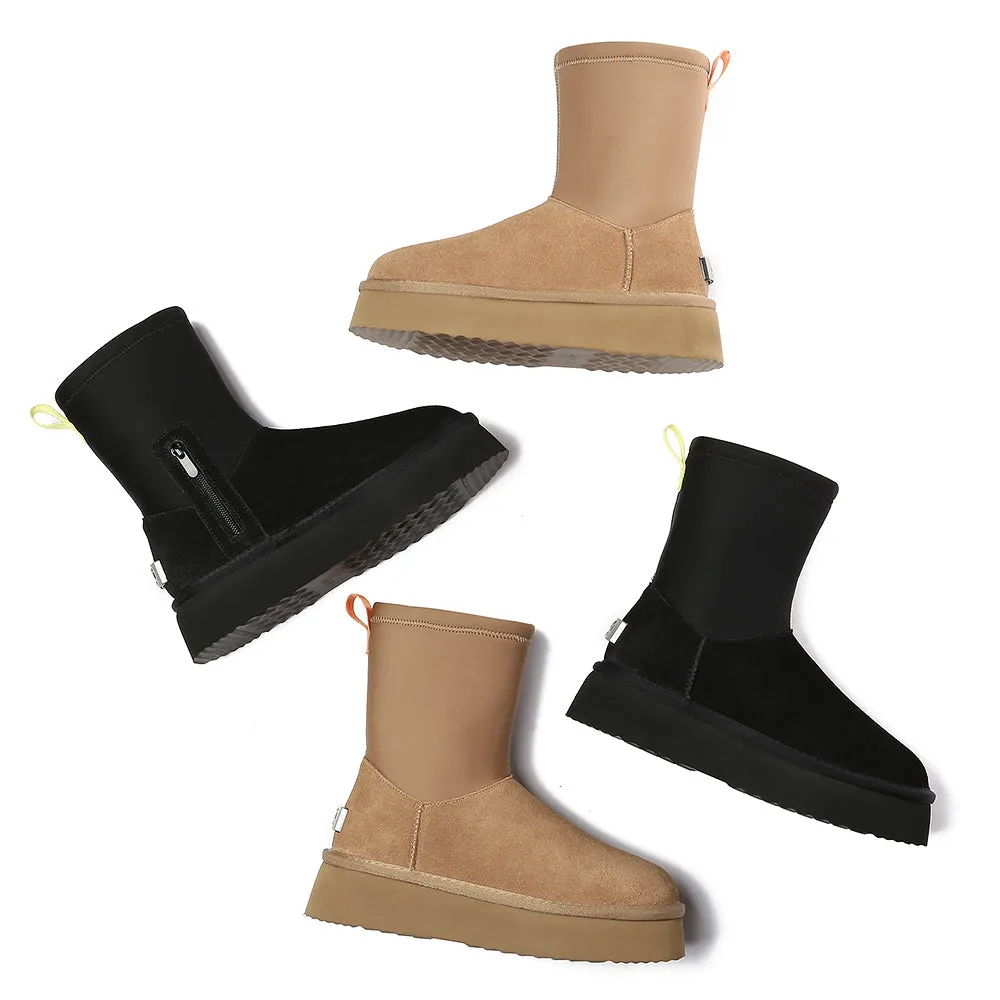 EVERAU UGG Women Sheepskin Wool Zipper Decor Stretchy Mid Calf Platform Boots Ethel #EA3154