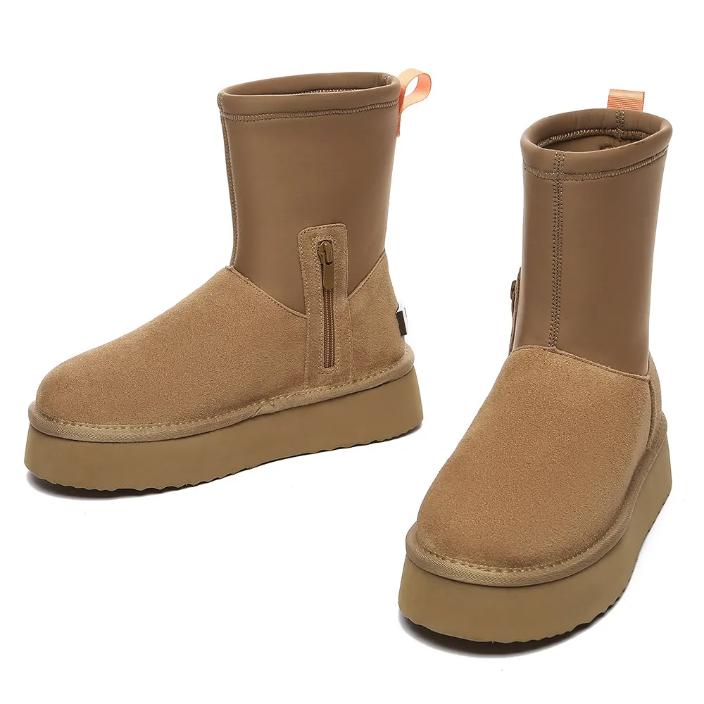 EVERAU UGG Women Sheepskin Wool Zipper Decor Stretchy Mid Calf Platform Boots Ethel #EA3154