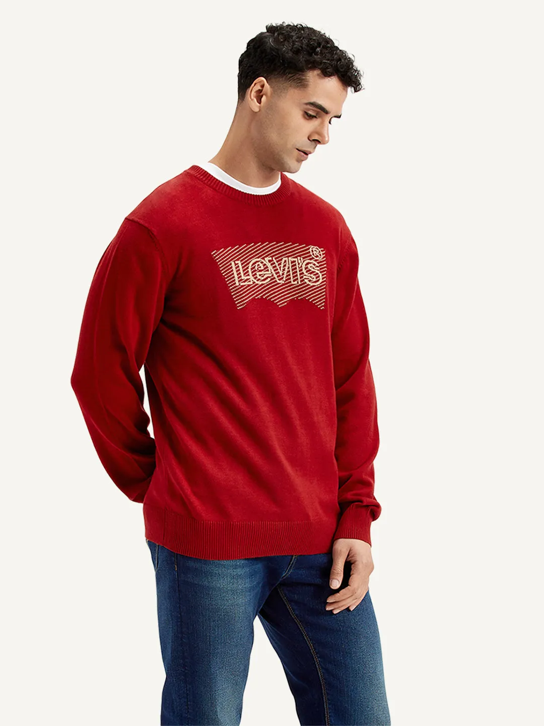 Men's Brand Logo Red Crew Neck Sweater