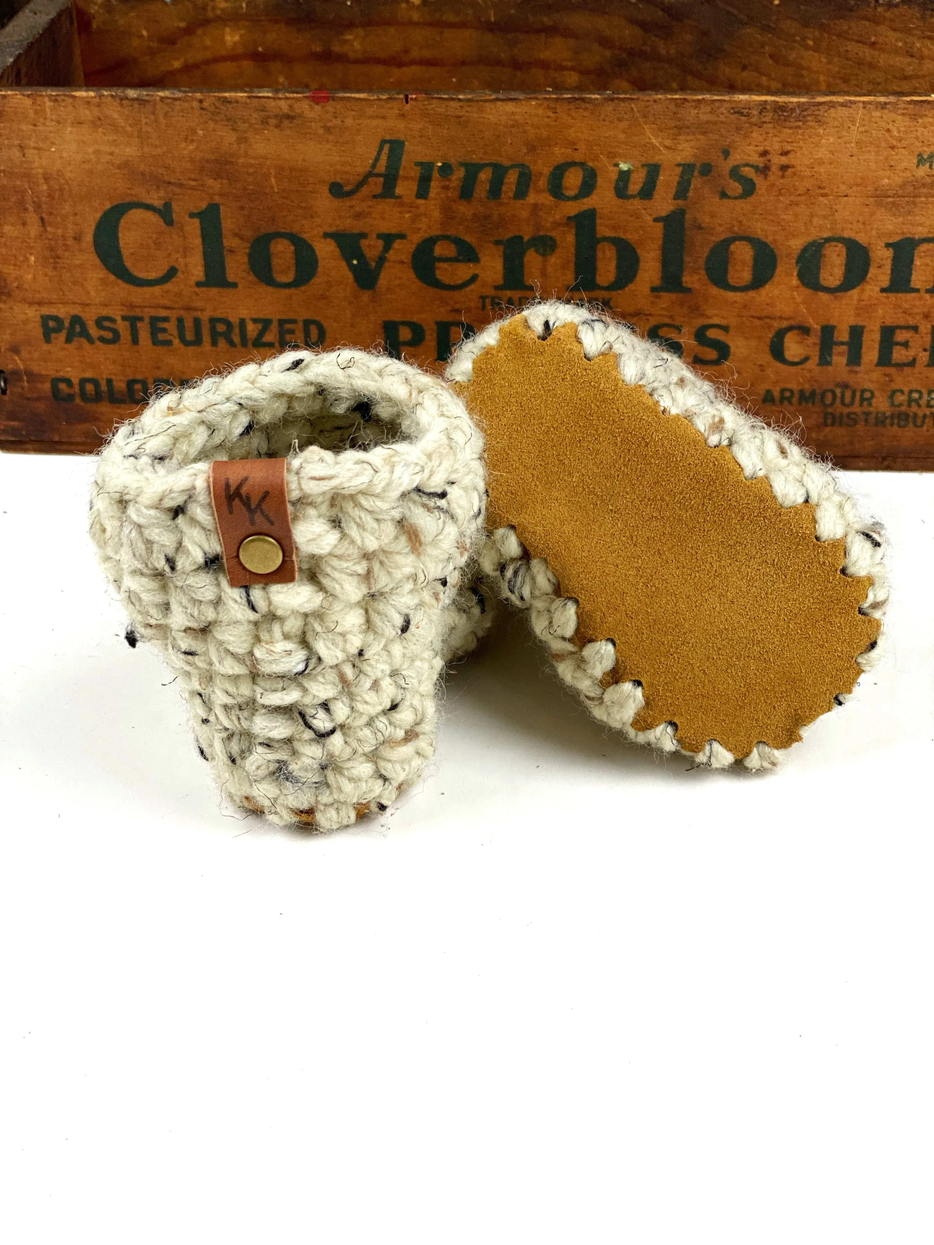 Oatmeal, Fisherman or Fossil Padraig Crocheted Suede Sole Baby Booties Handmade Crochet