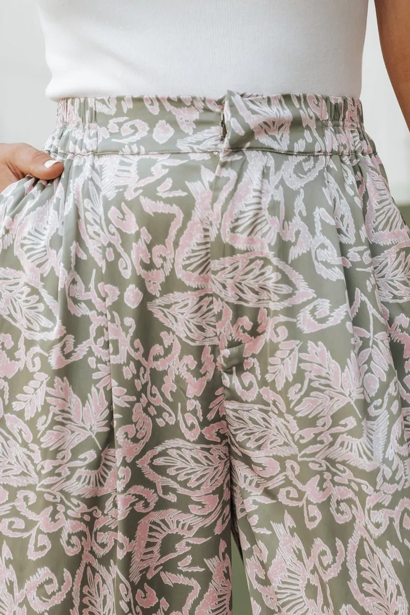 Olive Floral Print Satin Palazzo Pants - FINAL SALE