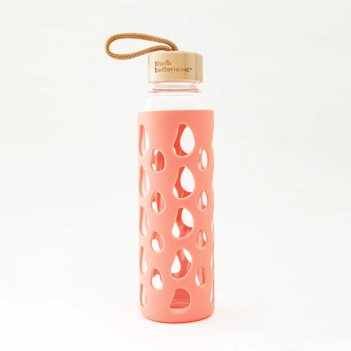 The Better Home Borosilicate Glass Water Bottle with Sleeve 550ml | Non Slip Silicon Sleeve & Bamboo Lid | Water Bottles for Fridge | Coral (Pack of 100)