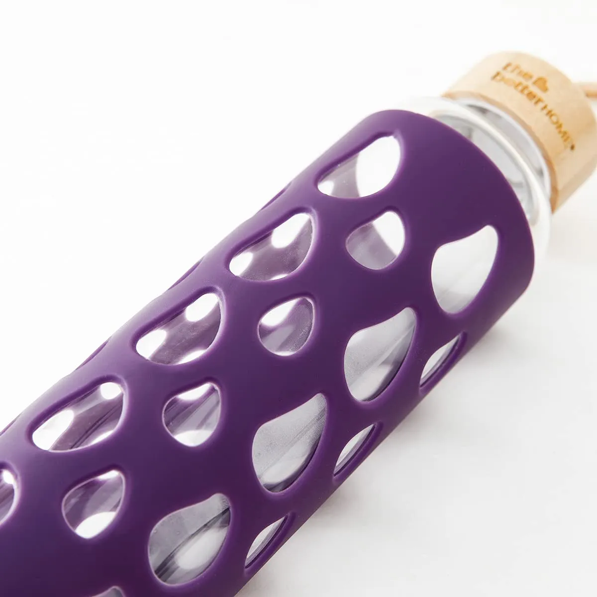 The Better Home Borosilicate Glass Water Bottle with Sleeve (550ml) | Non Slip Silicon Sleeve & Bamboo Lid | Water Bottles for Fridge | Purple (Pack of 100)