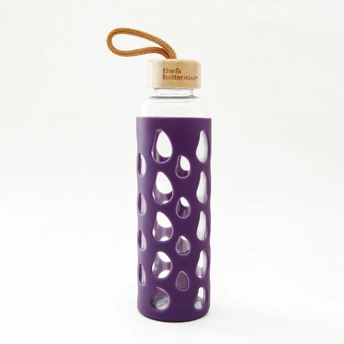 The Better Home Borosilicate Glass Water Bottle with Sleeve (550ml) | Non Slip Silicon Sleeve & Bamboo Lid | Water Bottles for Fridge | Purple (Pack of 100)