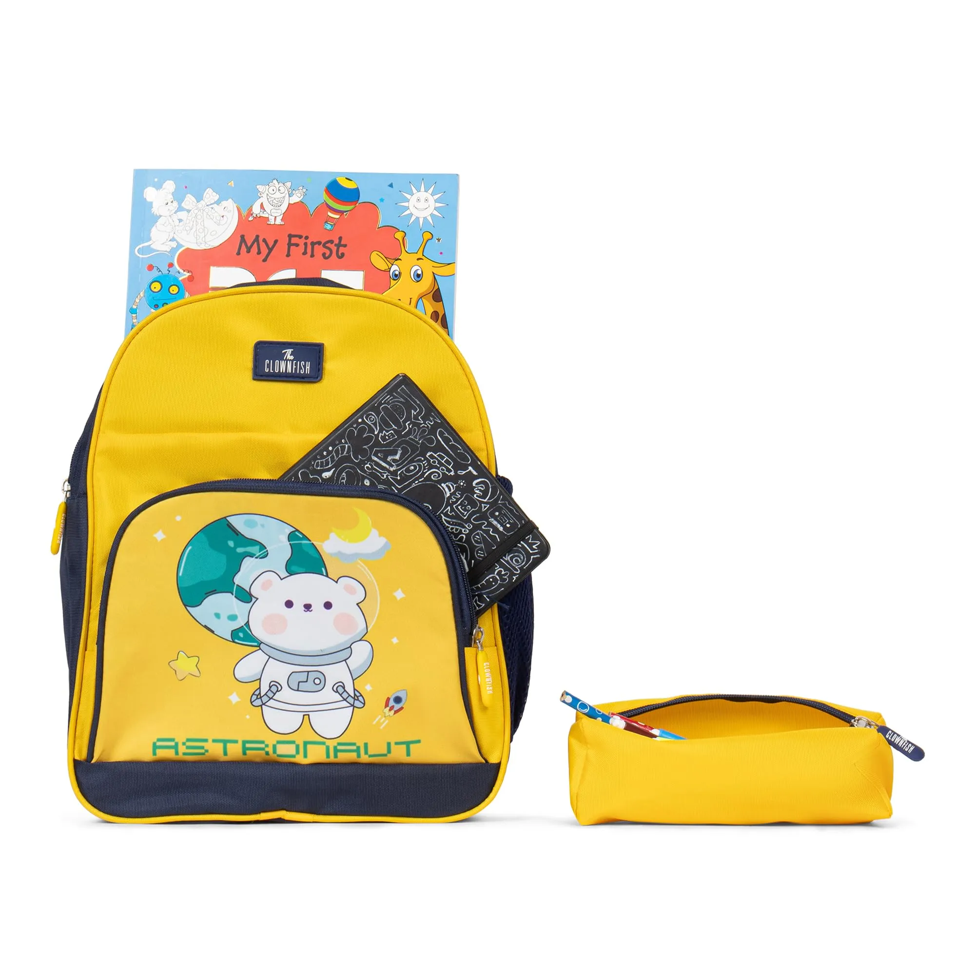 THE CLOWNFISH Mini Explorer Series Printed Polyester 12 Litres Kids Backpack School Bag with Pencil Staionery Pouch Daypack Picnic Bag for Tiny Tots. Age 3-5 Years (Yellow - Astronaut)