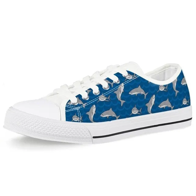 White & Black Sneakers: Shark Print