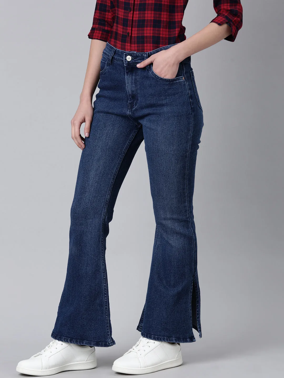 Women Navy Blue Solid Bootcut Denim Jeans