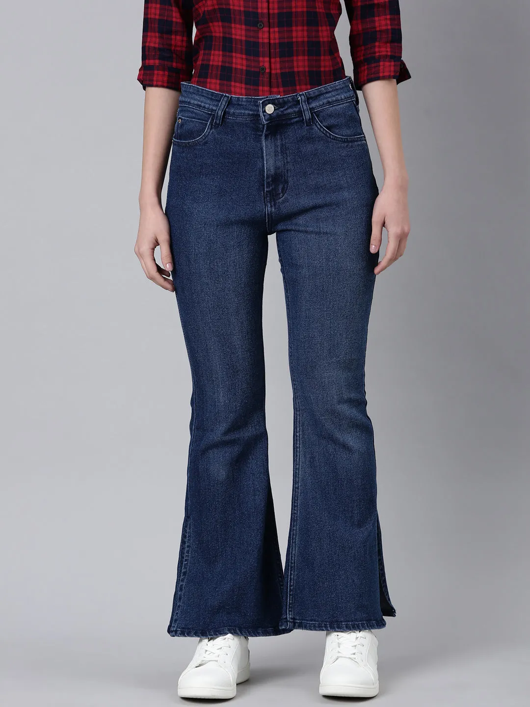 Women Navy Blue Solid Bootcut Denim Jeans