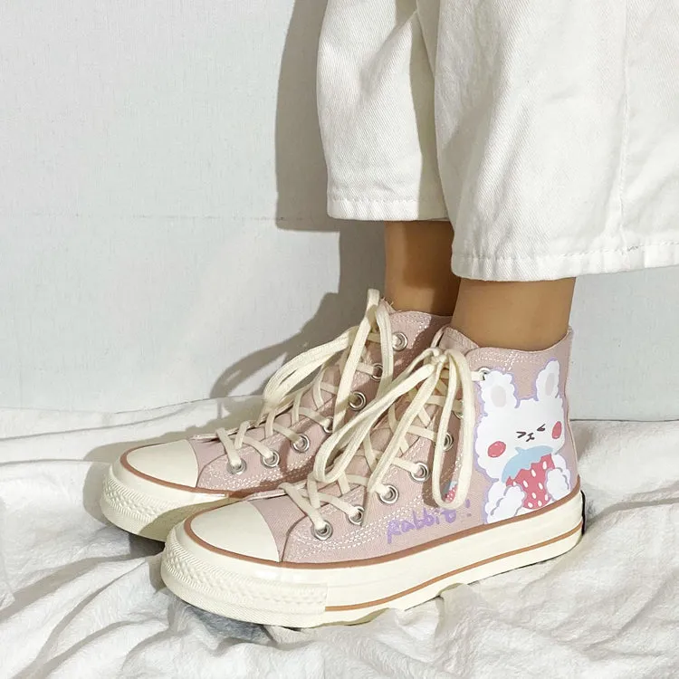 Womens Cute Pink Rabbit Print High Top Canvas Sneakers