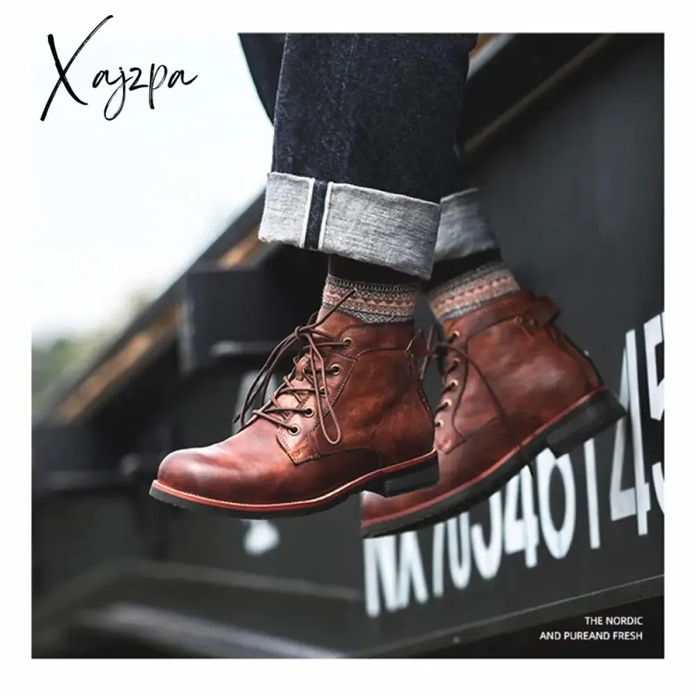 Xajzpa - Black Motorcycle Boots American Casual Leather Shoes Men's UK Style Retro Work Shoes Men Big Head Lace Up Ankle Boots Plus Size