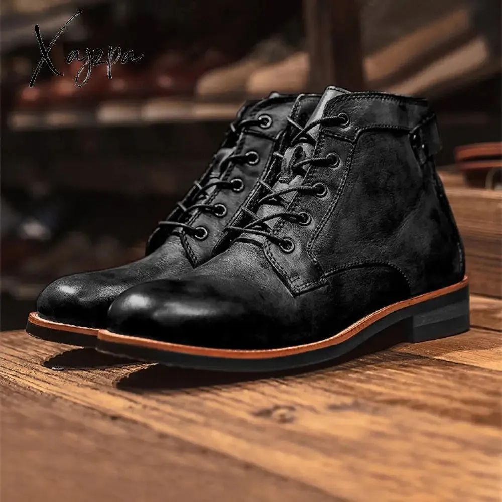 Xajzpa - Black Motorcycle Boots American Casual Leather Shoes Men's UK Style Retro Work Shoes Men Big Head Lace Up Ankle Boots Plus Size